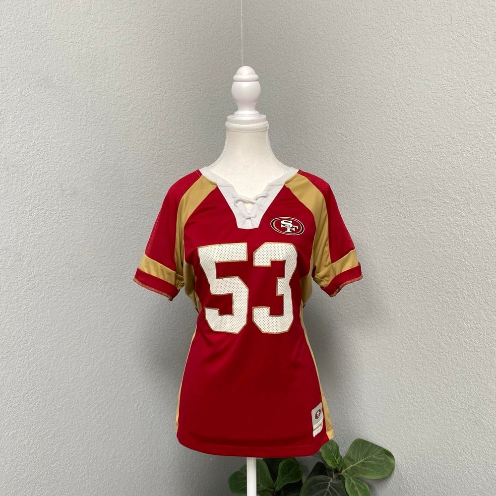 NFL SAN FRANCISCO 49ERS WOMENS LACE UP JERSEY TOP RED GOLD #53 BOWMAN